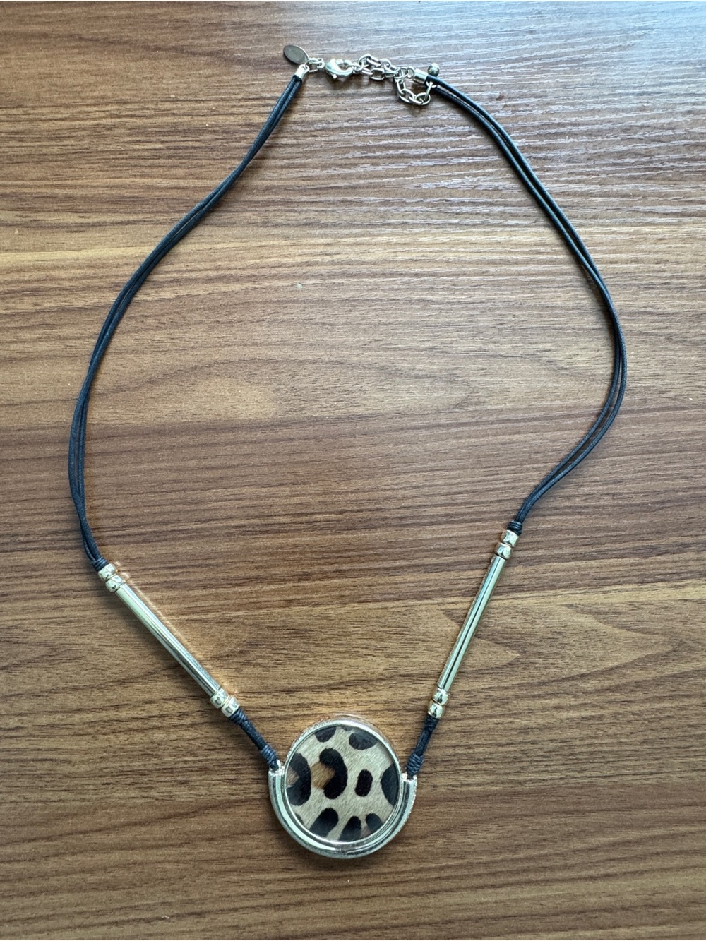 Chico's leopard print statement lariat necklace featuring gold-tone hardware